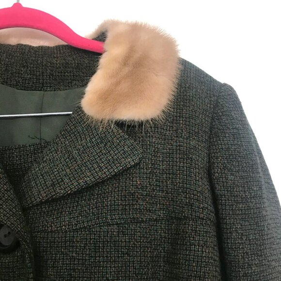 1960s vintage fur collar green tweed suit size medium large - Picture 3 of 9